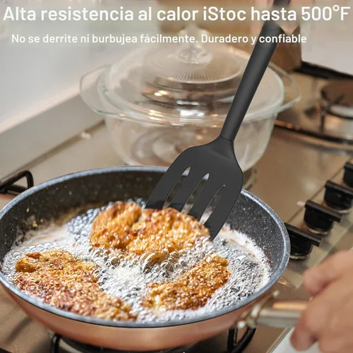 Miniatura 3 de Coukre Juego de 2 Espátulas de Silicona, Resistente al Calor Alto, Libre de BPA, Espátula de Cocina, Volteador Sólido y Ranurado para Sartenes negro