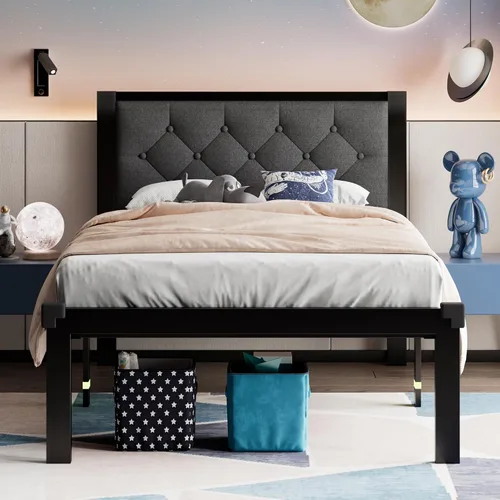 Miniatura 12 de Feonase Marco de cama de metal tamaño doble con cabecera capitoné de cuero sintético con botones, marco de cama tipo plataforma resistente