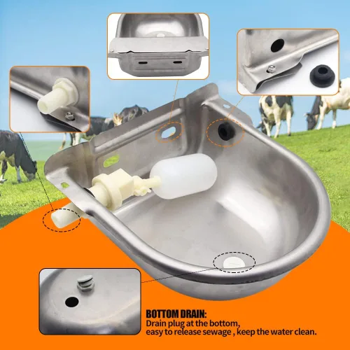 Miniatura 5 de Cuenco automático de agua potable para animales con válvula de flotador, dispensador de ganado de acero inoxidable 304 con orificio de drenaje