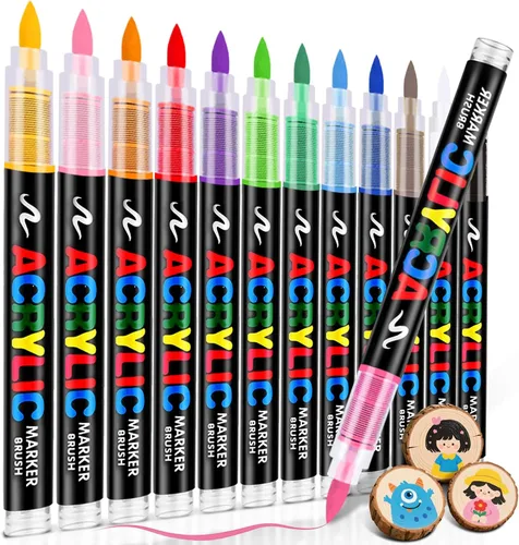 Marcadores de pintura acrílica, punta de pincel, 12 colores, bolígrafos de pintura acrílica de colores a base de agua, marcadores para colorear sin
