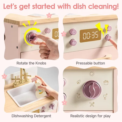 Miniatura 3 de ROBOTIME Fregadero Lavavajillas de Juguete de Madera – Juguete de Cocina Rosa de Fantasía con Grifo Dorado, Perillas Giratorias, Estante