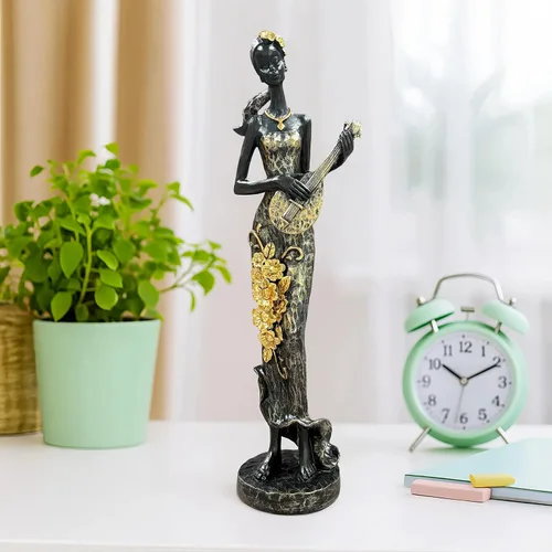 Miniatura 3 de Lescafita Mujer africana con estatua de resina de laúd – Figura de escultura musical tribal hecha a mano – Decoración cultural afrocéntrica