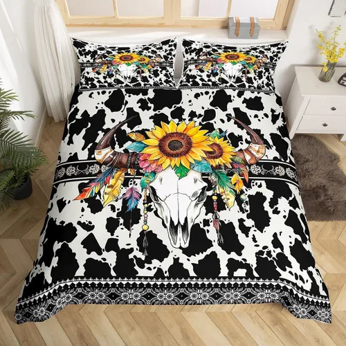 Miniatura 13 de Erosebridal Funda de edredón de piel de vaca marrón con estampado de vaca de las tierras altas, juego de ropa de cama occidental exótico azteca
