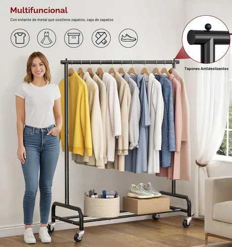 Miniatura 6 de SLEEPING LAMB Percheros de ropa resistentes para colgar ropa, 43 pulgadas de ancho, perchero de ropa rodante de metal con ruedas, perchero de Negro