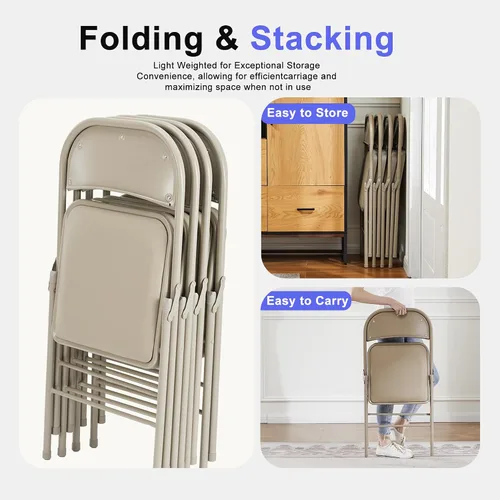 Miniatura 6 de Paquete de 2 sillas plegables, sillas comerciales apilables portátiles, silla de cuero acolchada para interiores y exteriores con marco de metal