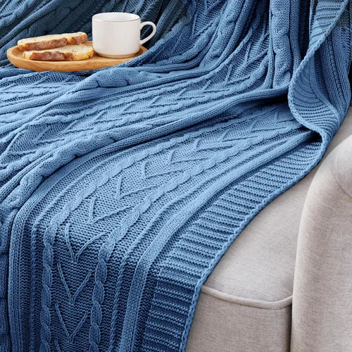 Miniatura 4 de Aormenzy - Manta de punto trenzado azul polvo para sofá, cama, sillón, manta de acrílico tejida, manta suave y acogedora, 50 x 60 pulgadas