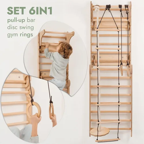 Miniatura 3 de Zona de juegos interior 6 en 1 para niños, pared sueca de madera, escalera de escalada, tobogán, columpio, anillos de gimnasia, pared de escalada