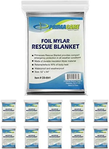 Primacare HB-10 - Mantas térmicas de Mylar de emergencia, paquete de 10, 84 x 52 pulgadas, color plateado, reflectante, impermeable, retiene el 90%