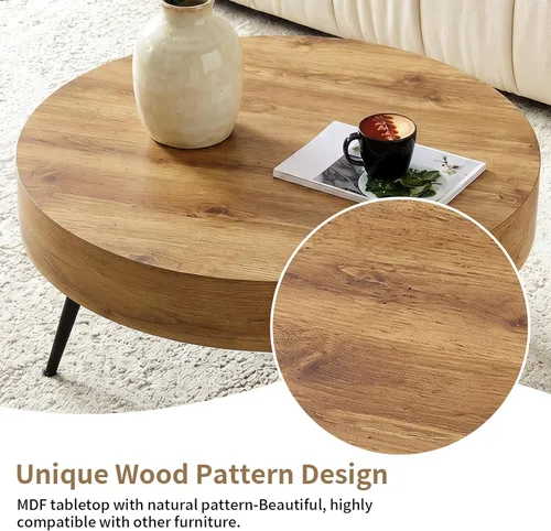 Miniatura 4 de LKTART Mesa de centro para sala de estar, mesas de centro redondas de madera con almacenamiento, mesa de té moderna de centro de metal para Marrón