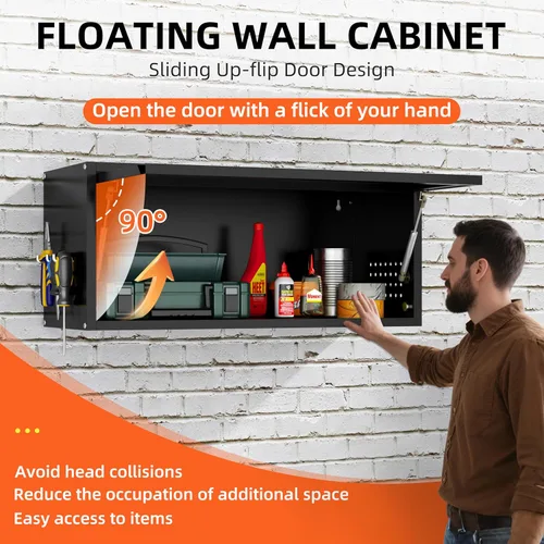 Miniatura 4 de Armario de pared de garaje de metal, armarios de herramientas flotantes con puerta abatible superior, gabinete de almacenamiento colgante de pared