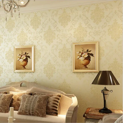 Miniatura 2 de QIHANG Color beige no tejido 1.7 ft*32.8 ft=5.3㎡ del rollo del papel pintado del polvo de la perla del damasco del estilo europeo 3D Amarillo claro
