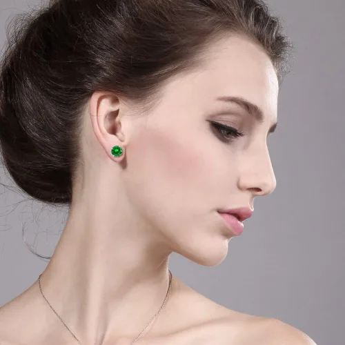 Miniatura 3 de Gem Stone King Aretes de oro blanco de 14 quilates con esmeralda simulada verde (2.00 qt redondo 0.236 in), Metal Gema, esmeralda simulada
