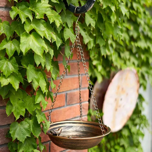 Miniatura 5 de Baños de pájaros colgantes de metal para exteriores, comedero de pájaros al aire libre, patio trasero, decoración de patio de jardín (dorado)