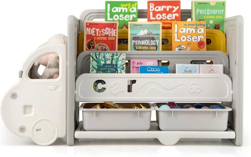 Miniatura 3 de Costzon Organizador de almacenamiento de juguetes en forma de automóvil, estante de juguetes de 3 niveles con estantería, 2 cajas de almacenamiento