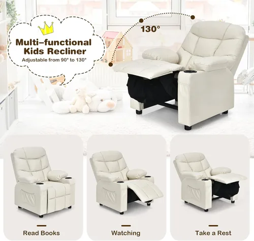 Miniatura 4 de Costzon Silla Reclinable para Niños con Portavasos, Silla de Descanso Ajustable con Reposapiés y Bolsillos Laterales para Habitación de Niños