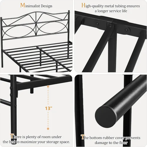 Miniatura 7 de VECELO Base de cama de plataforma de metal tamaño individual con cabecera y estribo, base de colchón de soporte de listones resistentes, no necesita