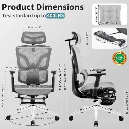 Miniatura 2 de Silla de oficina ergonómica con reposapiés, silla de oficina grande y alta, soporte lumbar ajustable de 4 niveles, bloqueo de inclinación de 155°