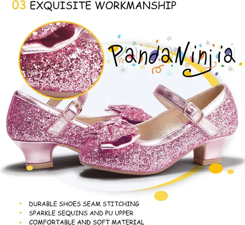 Miniatura 130 de PANDANINJIA Vestido de jada para niñas y niños pequeños, zapatos de princesa Mary Jane con tacones con lazo para fiesta, boda, boda