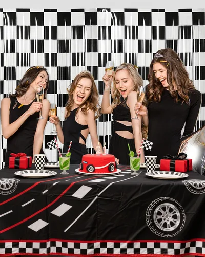 Miniatura 5 de Calmi Cortinas de flecos de aluminio de carreras para decoración de fiesta de cumpleaños, paquete de 3 cortinas de flecos de aluminio blanco y negro