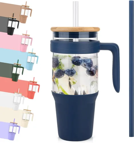 Miniatura 24 de Tronco Vaso de vidrio de 32 onzas con popote y tapa, tapa con popote 2 en 1 a prueba de fugas, botellas de agua de vidrio con asa, apto para Rosa