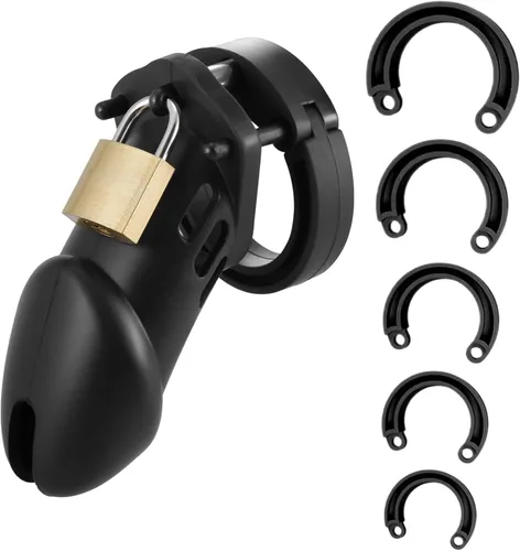 Jaula de castidad masculina, dispositivo de castidad de silicona grande, jaula para el pene, cinturón de castidad masculina con 5 tamaños de anillos