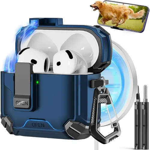 Miniatura 30 de Pohgelan - Funda compatible con AirPods Pro 2ª/1ª (azul) Cerradura magnética automática con kit de limpieza, compatible con Magsafe