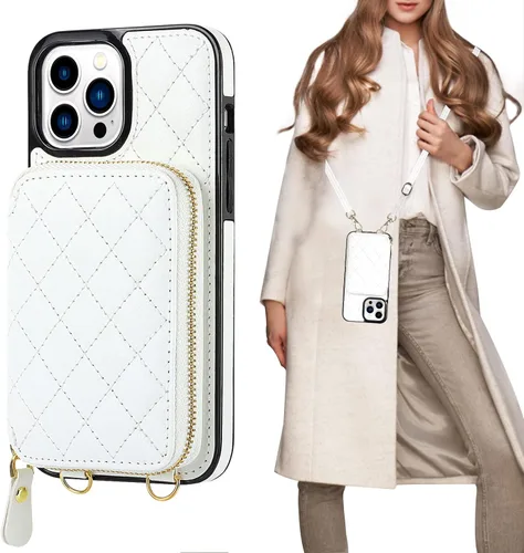 Miniatura 16 de Bocasal Funda tipo cartera con bandolera para iPhone 13 Pro Max, cartera de cuero PU con cierre de cremallera y bloqueo RFID, funda tipo folio