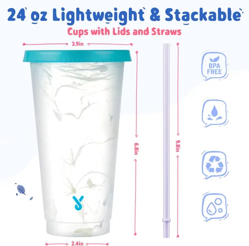Miniatura 3 de Meoky Vasos fríos que cambian de color con tapas y popotes, paquete de 5 vasos de plástico de 24 oz a granel, reutilizables para fiestas de niños