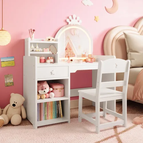 Miniatura 12 de GarveeHome Tocador para niños con luces, gabinete de almacenamiento y espejo plegable desmontable con luz táctil, juego de mesa y silla para niños