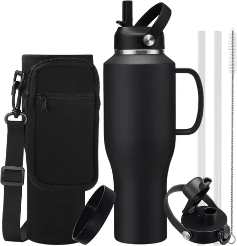 Miniatura 23 de Botella de agua de acero inoxidable de 32 onzas, frío-48 horas y caliente-24 horas, termo con popote y tapas de boquilla, bolsa, botella aislada al