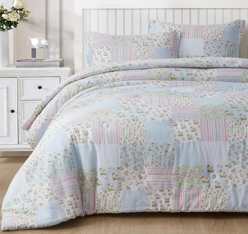 Chezmoi Collection Holly - Juego de edredón de algodón lavado de 2 piezas tamaño individual - Juego de ropa de cama floral azul blanco rosa verde