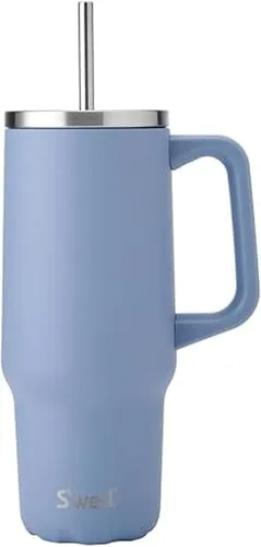 Miniatura 5 de S'well Vaso de acero inoxidable reciclado XL con popote y asa, 40 onzas, azurita, contenedor aislado al vacío de triple capa mantiene las bebidas