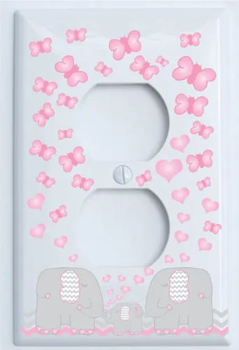 Miniatura 2 de Cubierta de placa de interruptor de luz de elefante rosa, decoración de guardería de elefante con mariposas de corazones rosas cheurón gris