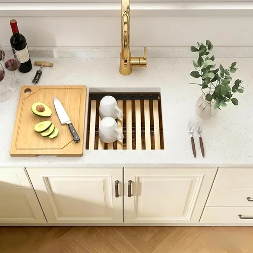 Miniatura 6 de Fregadero de barra dorada de 13 x 15 pulgadas, fregaderos de cocina dorados de acero inoxidable SUS304 de calibre 16 con accesorios, fregadero