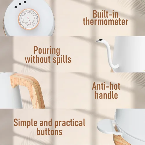 Miniatura 6 de Nueve&Five Hervidor Eléctrico de Cuello de Ganso con Termómetro, Hervidor de Té Eléctrico 1L con Apagado Automático, Hervidor de Agua Caliente 1000W