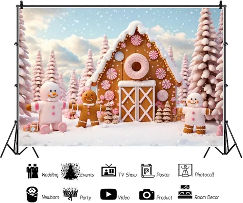 Miniatura 3 de Yeele Fondo de fotografía de pueblo de Navidad de 5 x 3 pies, dibujos animados, hombre de jengibre, hogar de galletas, fondo de invierno, nieve