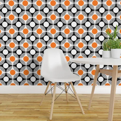 Miniatura 3 de Muestra de papel tapiz extraíble - Mod Huevos Naranja Blanco Puntos Círculo Cocina Medio Siglo Moderno Papel pintado personalizado pre-pegado por