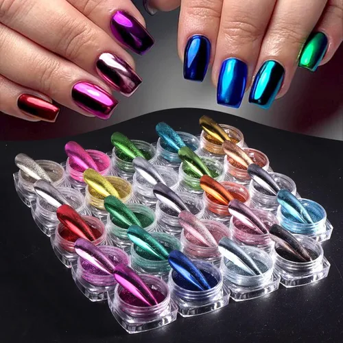 Miniatura 9 de Juego de 24 polvos de uñas cromados – Polvo de pigmento con efecto espejo con purpurina para uñas, manicura de metal camaleón, suministros para uñas