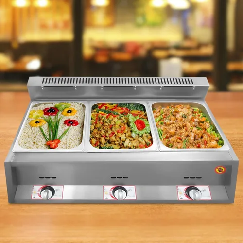 Calentador de alimentos a gas, freidora comercial de 3 sartenes, propano GLP de acero inoxidable a gas Bain Marie Buffet vaporizador de encimera con
