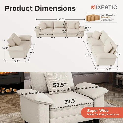 Miniatura 2 de MIXPATIO Juego de sofá modular Cloud en forma de U, asiento profundo de 3 piezas, sofá modular de 6 plazas y brazos extraíbles, felpilla de felpa