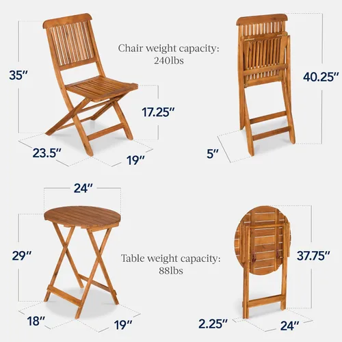 Miniatura 2 de Best Choice Products - Juego de bistró de madera de acacia (3 piezas), muebles plegables adecuados para patio, jardín, balcón, terraza; incluye 2