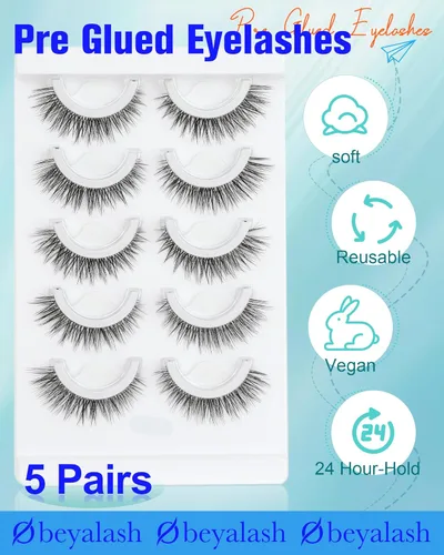 Miniatura 4 de Obeyalash Pestañas autoadhesivas de ojo de gato, banda negra y adhesivo negro, pestañas postizas impermeables a presión, 5 pares de pestañas