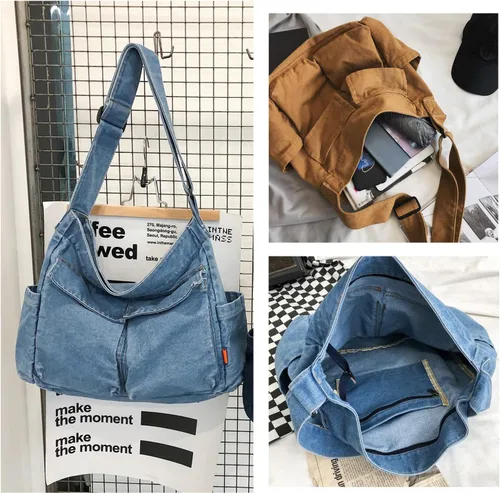 Miniatura 3 de KlaOYer Bolso bandolera de lona grande tipo hobo para la escuela, bolso bandolera con bolsillo para mujeres y hombres