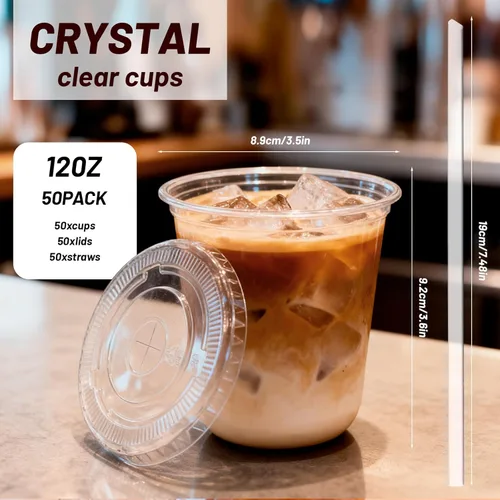 Miniatura 2 de TINSKY Juego de 50 vasos de plástico transparente con tapas y pajitas, tazas desechables para café helado, mascotas para bebidas frías, jugos