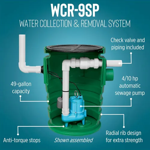 Miniatura 4 de Little Giant WCR-9SP 115 voltios, 4/10 HP, 4800 GPH Sistema automático de recolección y eliminación de agua/filtraciones para exteriores con bomba