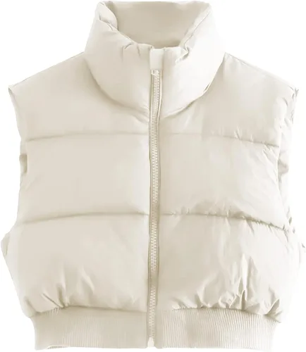 Miniatura 9 de Gihuo Chaleco acolchado recortado para mujer, sin mangas, chaqueta acolchada, chaleco acolchado para invierno, con cremallera completa, abrigo ligero