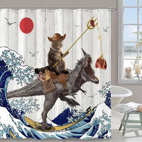 Miniatura 2 de Cortina de ducha divertida con gato y dinosaurio, cortina de baño fresca y genial con olas del océano japonés, cortinas impermeables de tela