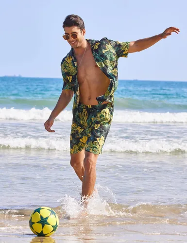 Miniatura 3 de COOFANDY Conjunto de camisa hawaiana para hombre, diseño floral, cuello cubano, con botones