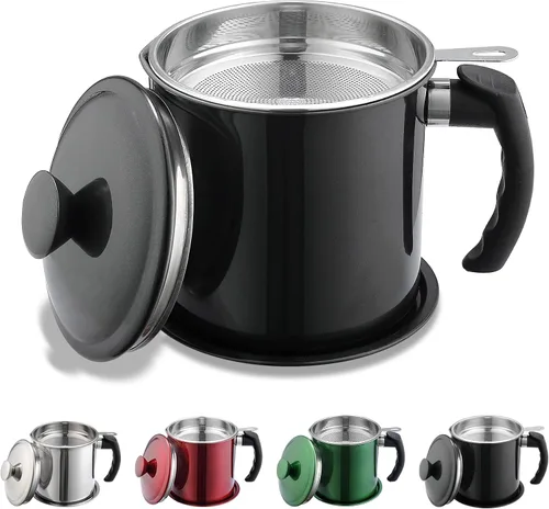 Miniatura 10 de Kyraton Contenedor de Grasa de Tocino con Colador, Recipiente de Aceite de Acero Inoxidable de 48 oz, Recipiente de Grasa de Olla con Tapa, Mango