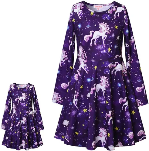 Miniatura 8 de Qpancy Vestidos a juego para muñecas y niñas, trajes de unicornio de manga larga, ropa de algodón